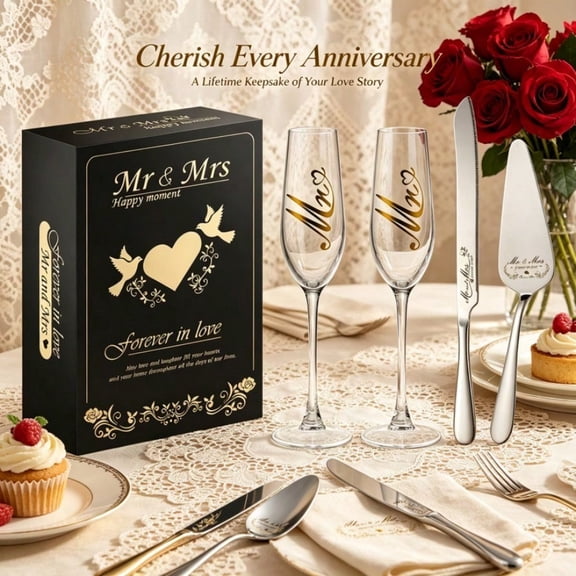 Mr & Mrs 4-Piece Gold Champagne Flutes Cake Knife Server Set