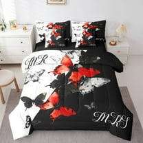 Mr Mrs 7 Piece Bedding Set Twin Red Black Butterfly Comforter Set Romantic Valentine'S Day Bed In A Bag For Adults Men Women Romantic Love Theme Sheet Set With Comforter Black Red