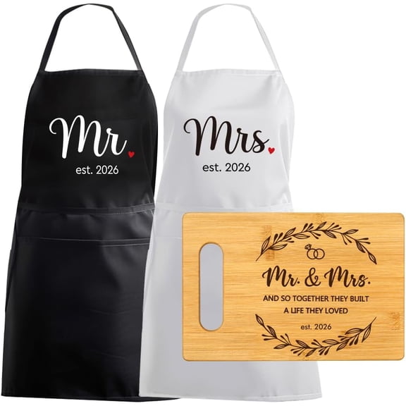 Mr & Mrs Aprons with Pocket and Cutting Board Warming Kitchen Gifts Set for Newlywed, Wedding Housewarming Gifts for Couples 2026