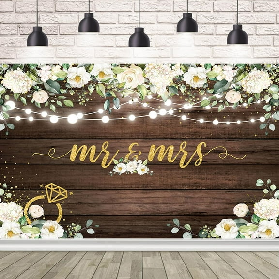 Mr & Mrs Backdrop for Wedding Bridal Shower Rustic Wooden White Flowers Photography Background Wedding Bachelorette Party Decorations Banner Photo Booth Props