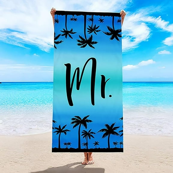 Mr and Mrs Beach Towel 71x36IN Tropical Coconut Tree Letter Print Microfiber Beach Towels for Women and Men Sandproof Lightweight Quick Dry Swim Pool Towels Honeymoon Travel Towel (Mr)