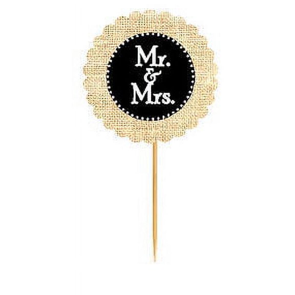 Mr & Mrs Black Rustic Burlap Wedding Cupcake Decoration Topper Food Picks