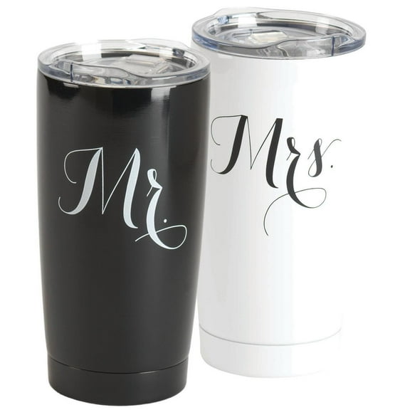 Mr. Mrs. Black White 20 Ounce Stainless Steel Travel Tumbler Mug with Lid Set 2