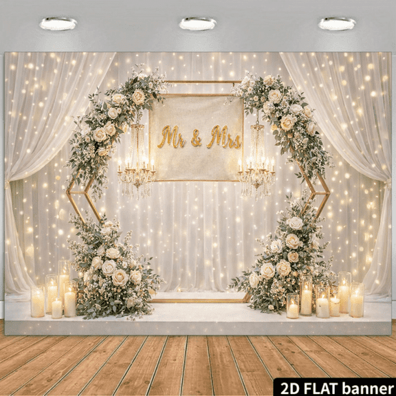 Mr and Mrs Bridal Shower Backdrop White Flower Arch Wedding Background White Curtain Rose Engagement Ceremony Party Decorations Banner Supplies Photo Booth Props