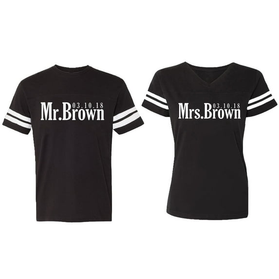 Mr. Mrs. Brown Matching Couple Cotton Jerseys (Men Black / Women Black) (Men L / Women S)