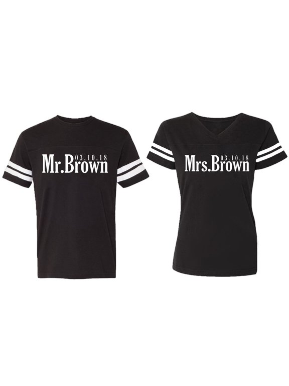 Mr. Mrs. Brown Matching Couple Cotton Jerseys (Men Black / Women Black) (Men S / Women S)
