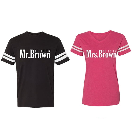 Mr. Mrs. Brown Matching Couple Cotton Jerseys (Men Black / Women Pink) (Men L / Women XXL)