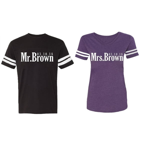 Mr. Mrs. Brown Matching Couple Cotton Jerseys (Men Black / Women Purple) (Men XXL / Women XXL)