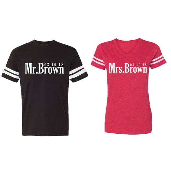Mr. Mrs. Brown Matching Couple Cotton Jerseys (Men Black / Women Red) (Men M / Women XL)