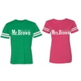 thumbnail image 1 of Mr. Mrs. Brown Matching Couple Cotton Jerseys (Men Green / Women Pink) (Men S / Women XL), 1 of 3