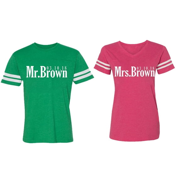 Mr. Mrs. Brown Matching Couple Cotton Jerseys (Men Green / Women Pink) (Men XL / Women XXL)