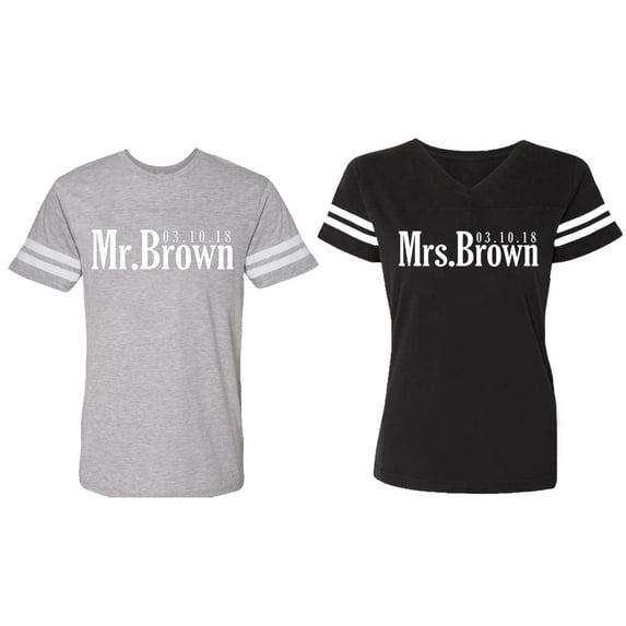 Mr. Mrs. Brown Matching Couple Cotton Jerseys (Men Heather / Women Black) (Men L / Women XL)