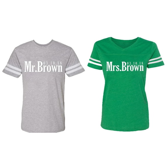 Mr. Mrs. Brown Matching Couple Cotton Jerseys (Men Heather / Women Green) (Men M / Women L)