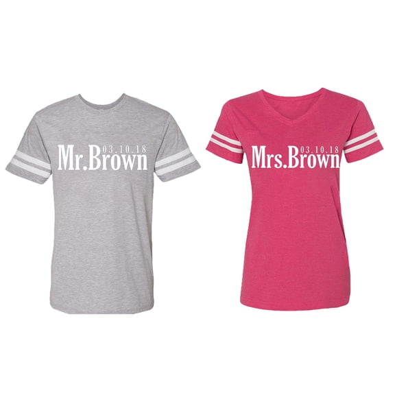 Mr. Mrs. Brown Matching Couple Cotton Jerseys (Men Heather / Women Pink) (Men S / Women M)