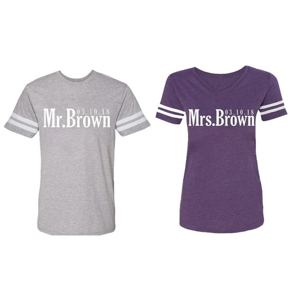 Mr. Mrs. Brown Matching Couple Cotton Jerseys (Men Heather / Women Purple) (Men XXL / Women XL)