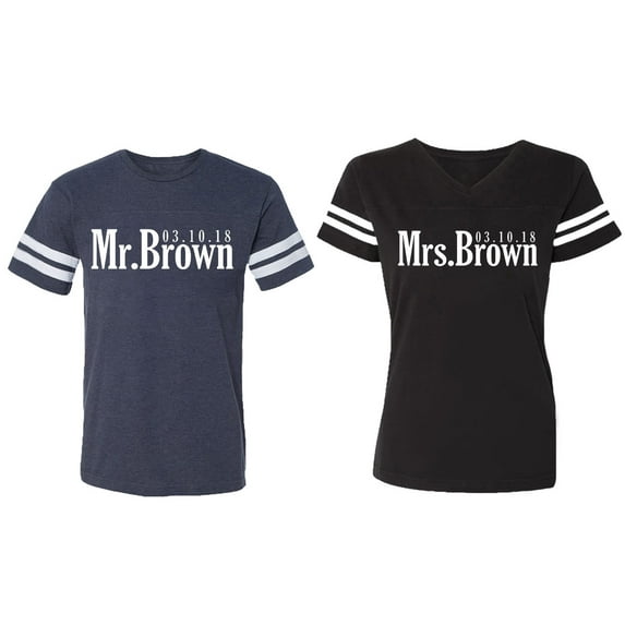 Mr. Mrs. Brown Matching Couple Cotton Jerseys (Men Navy / Women Black) (Men S / Women S)