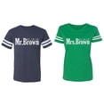 thumbnail image 1 of Mr. Mrs. Brown Matching Couple Cotton Jerseys (Men Navy / Women Green) (Men XL / Women S), 1 of 3