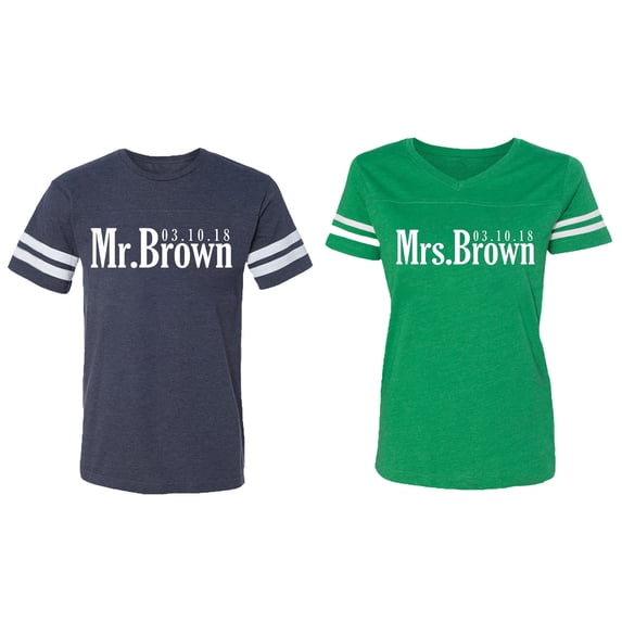 Mr. Mrs. Brown Matching Couple Cotton Jerseys (Men Navy / Women Green) (Men XL / Women S)