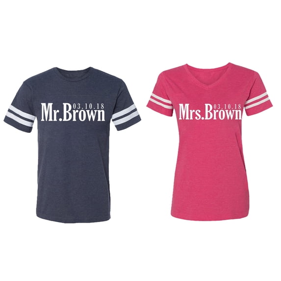 Mr. Mrs. Brown Matching Couple Cotton Jerseys (Men Navy / Women Pink) (Men XXL / Women XXL)