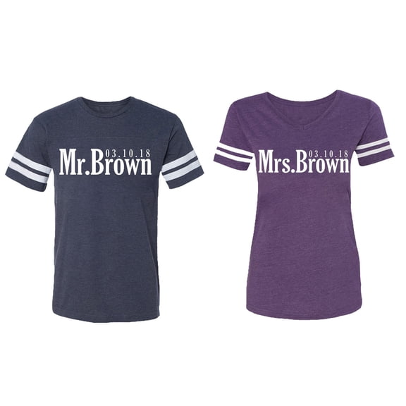 Mr. Mrs. Brown Matching Couple Cotton Jerseys (Men Navy / Women Purple) (Men XXL / Women M)