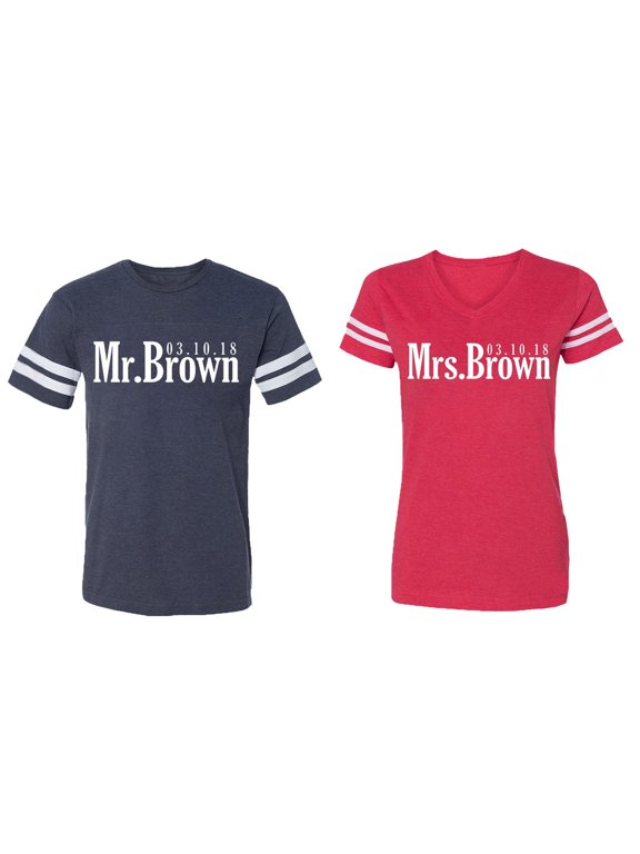 Mr. Mrs. Brown Matching Couple Cotton Jerseys (Men Navy / Women Red) (Men L / Women S)