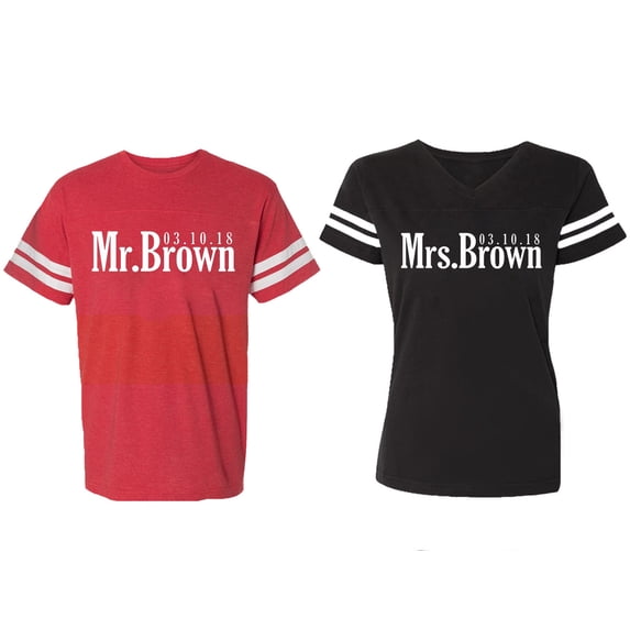 Mr. Mrs. Brown Matching Couple Cotton Jerseys (Men Red / Women Black) (Men S / Women S)