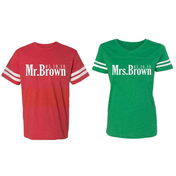 Mr. Mrs. Brown Matching Couple Cotton Jerseys (Men Red / Women Green) (Men L / Women XL)