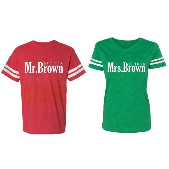 Mr. Mrs. Brown Matching Couple Cotton Jerseys (Men Red / Women Green) (Men XL / Women XL)