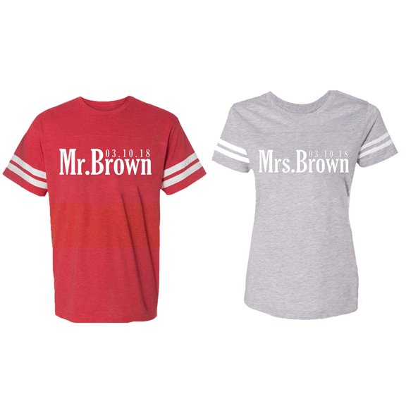 Mr. Mrs. Brown Matching Couple Cotton Jerseys (Men Red / Women Heather) (Men M / Women S)