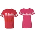 thumbnail image 1 of Mr. Mrs. Brown Matching Couple Cotton Jerseys (Men Red / Women Pink) (Men S / Women M), 1 of 3