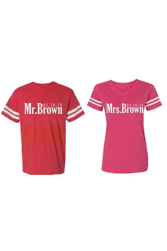 Mr. Mrs. Brown Matching Couple Cotton Jerseys (Men Red / Women Pink) (Men XL / Women XL)
