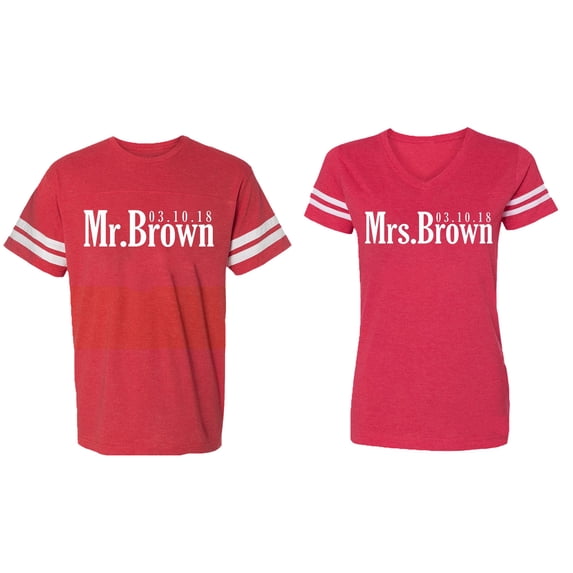 Mr. Mrs. Brown Matching Couple Cotton Jerseys (Men Red / Women Red) (Men S / Women M)