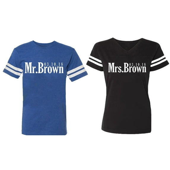 Mr. Mrs. Brown Matching Couple Cotton Jerseys (Men Royal / Women Black) (Men L / Women S)