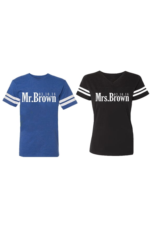 Mr. Mrs. Brown Matching Couple Cotton Jerseys (Men Royal / Women Black) (Men S / Women S)