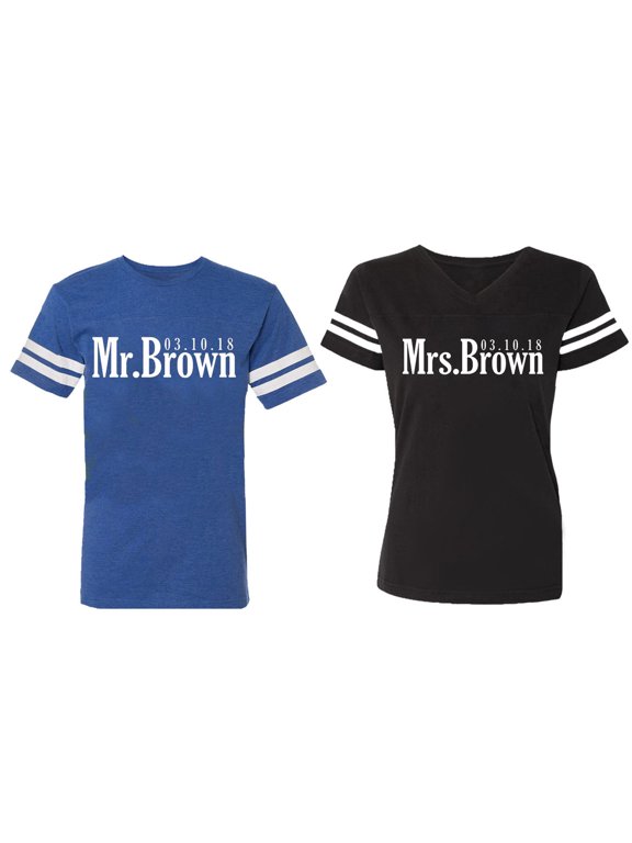 Mr. Mrs. Brown Matching Couple Cotton Jerseys (Men Royal / Women Black) (Men S / Women S)
