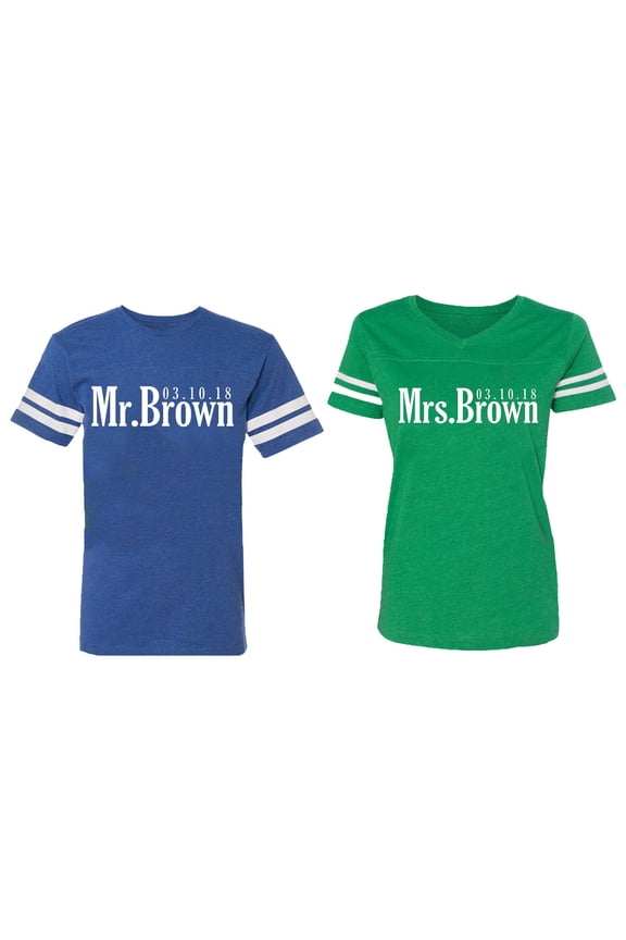 Mr. Mrs. Brown Matching Couple Cotton Jerseys (Men Royal / Women Green) (Men XL / Women XL)
