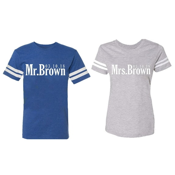 Mr. Mrs. Brown Matching Couple Cotton Jerseys (Men Royal / Women Heather) (Men M / Women M)