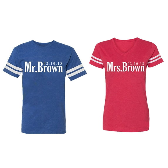 Mr. Mrs. Brown Matching Couple Cotton Jerseys (Men Royal / Women Red) (Men S / Women XXL)