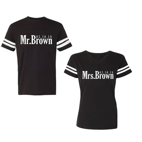 Mr. Mrs. Brown Unisex Couple Matching Cotton Jersey style T-Shirt Contrasting stripes on sleeves (Men Black / Women Black) (Men M / Women XL)