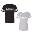 thumbnail image 1 of Mr. Mrs. Brown Unisex Couple Matching Cotton Jersey style T-Shirt Contrasting stripes on sleeves (Men Black / Women Heather) (Men L / Women XL), 1 of 3
