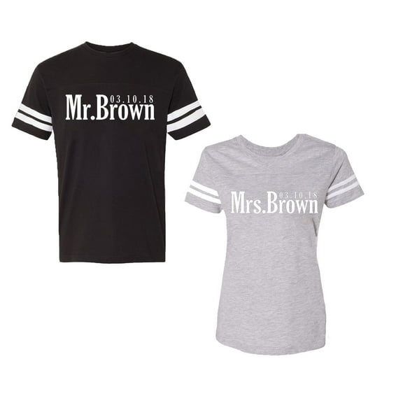 Mr. Mrs. Brown Unisex Couple Matching Cotton Jersey style T-Shirt Contrasting stripes on sleeves (Men Black / Women Heather) (Men M / Women S)