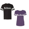 thumbnail image 1 of Mr. Mrs. Brown Unisex Couple Matching Cotton Jersey style T-Shirt Contrasting stripes on sleeves (Men Black / Women Purple) (Men XL / Women XXL), 1 of 3