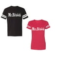 thumbnail image 1 of Mr. Mrs. Brown Unisex Couple Matching Cotton Jersey style T-Shirt Contrasting stripes on sleeves (Men Black / Women Red) (Men XXL / Women XL), 1 of 3