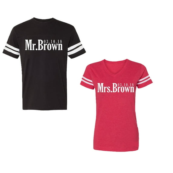 Mr. Mrs. Brown Unisex Couple Matching Cotton Jersey style T-Shirt Contrasting stripes on sleeves (Men Black / Women Red) (Men XXL / Women XL)