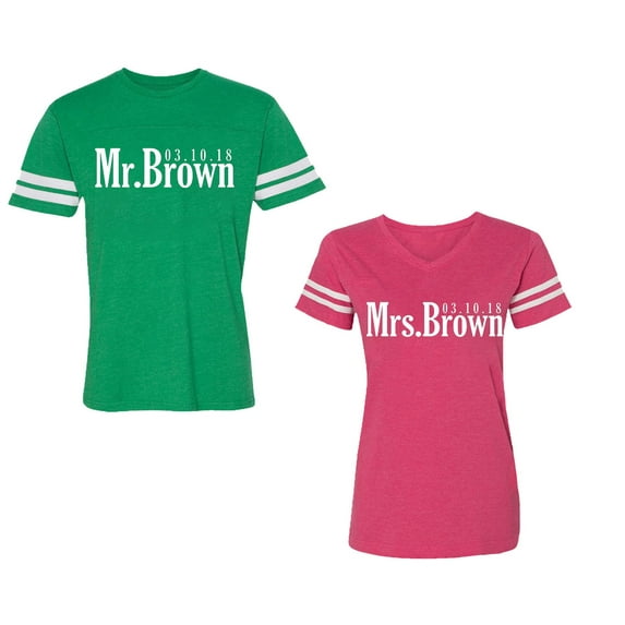Mr. Mrs. Brown Unisex Couple Matching Cotton Jersey style T-Shirt Contrasting stripes on sleeves (Men Green / Women Pink) (Men M / Women S)