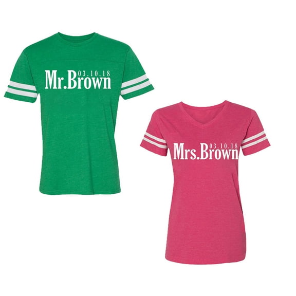 Mr. Mrs. Brown Unisex Couple Matching Cotton Jersey style T-Shirt Contrasting stripes on sleeves (Men Green / Women Pink) (Men M / Women XXL)