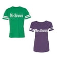 thumbnail image 1 of Mr. Mrs. Brown Unisex Couple Matching Cotton Jersey style T-Shirt Contrasting stripes on sleeves (Men Green / Women Purple) (Men XXL / Women L), 1 of 3