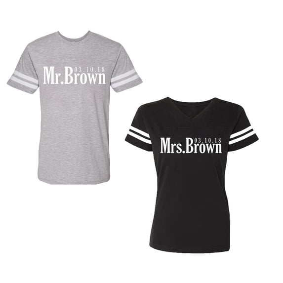 Mr. Mrs. Brown Unisex Couple Matching Cotton Jersey style T-Shirt Contrasting stripes on sleeves (Men Heather / Women Black) (Men M / Women M)