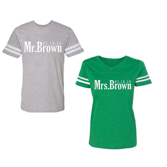 Mr. Mrs. Brown Unisex Couple Matching Cotton Jersey style T-Shirt Contrasting stripes on sleeves (Men Heather / Women Green) (Men XXXL / Women XXL)