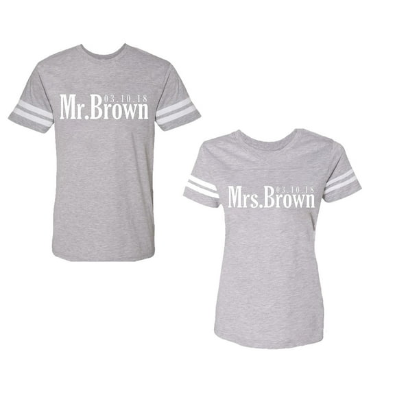 Mr. Mrs. Brown Unisex Couple Matching Cotton Jersey style T-Shirt Contrasting stripes on sleeves (Men Heather / Women Heather) (Men M / Women S)